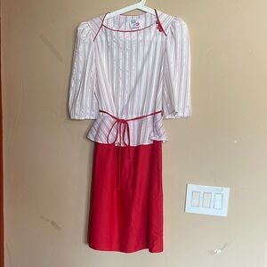 Vintage-Inspired Red and White Midi Dress with Peplum Waist